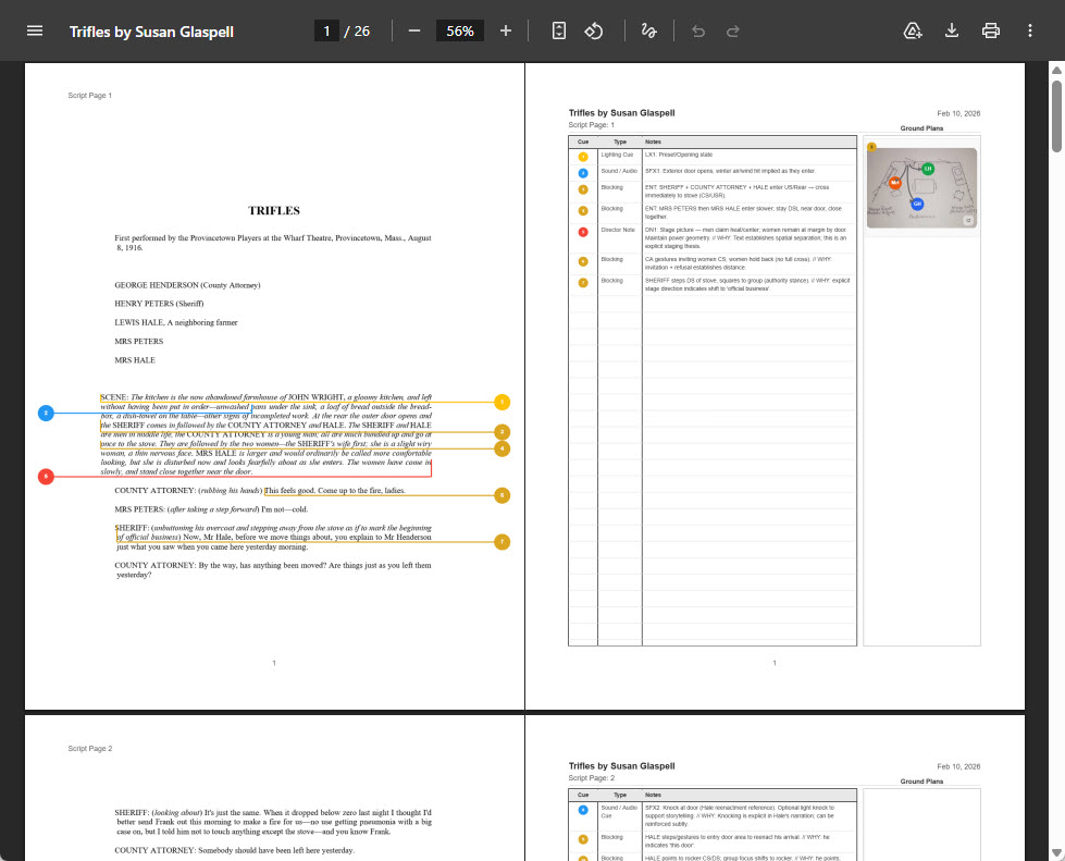 Exported prompt book PDF showing script pages with cue tables, blocking notes, and ground plan snapshots side by side