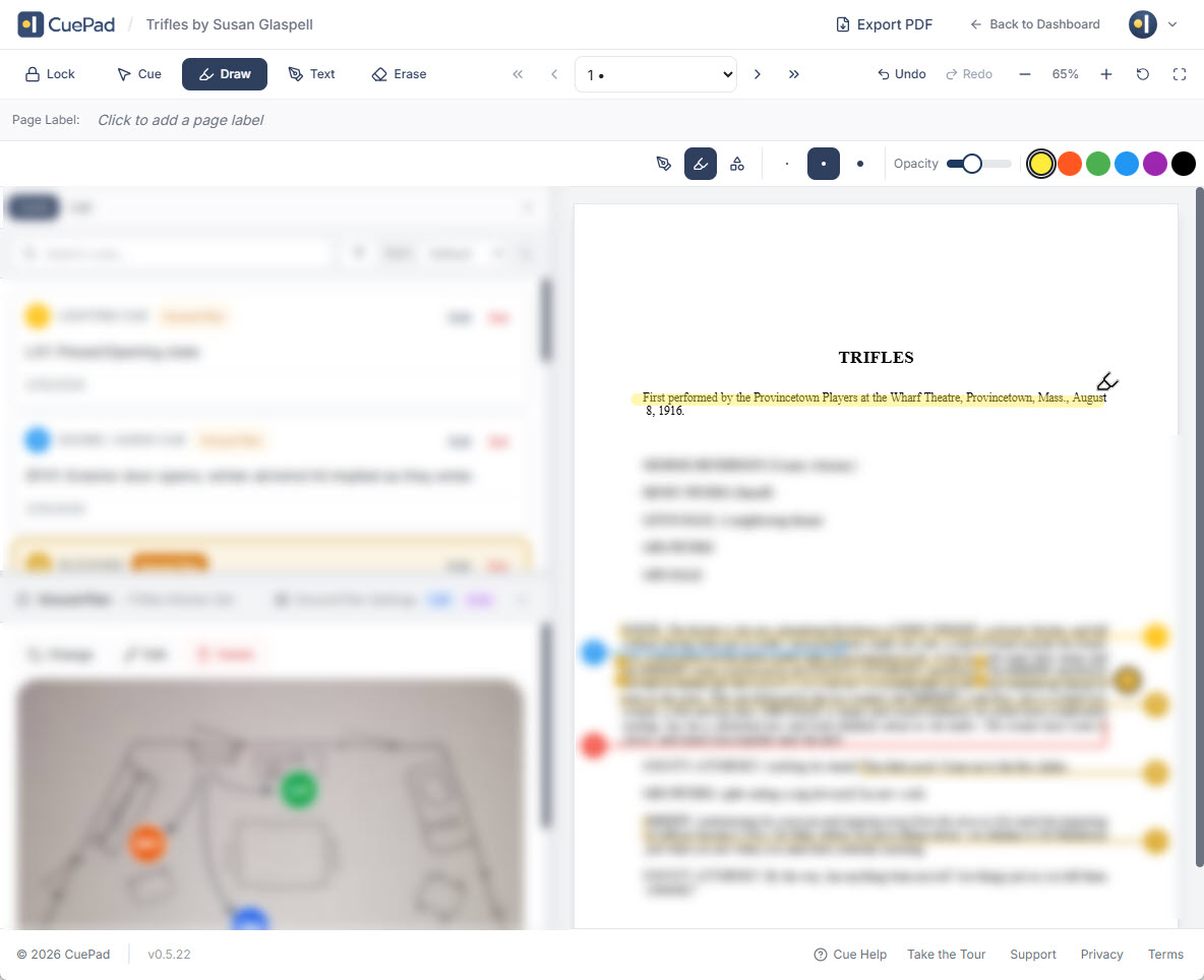 CuePad draw mode with freeform highlighting on a script, showing color palette, opacity controls, and highlighted text passages