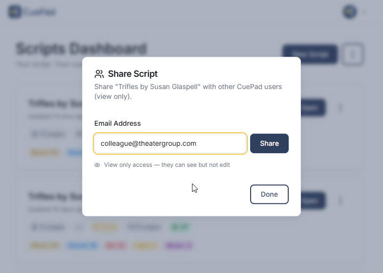 CuePad collaboration panel showing team members with role-based permissions and real-time presence indicators
